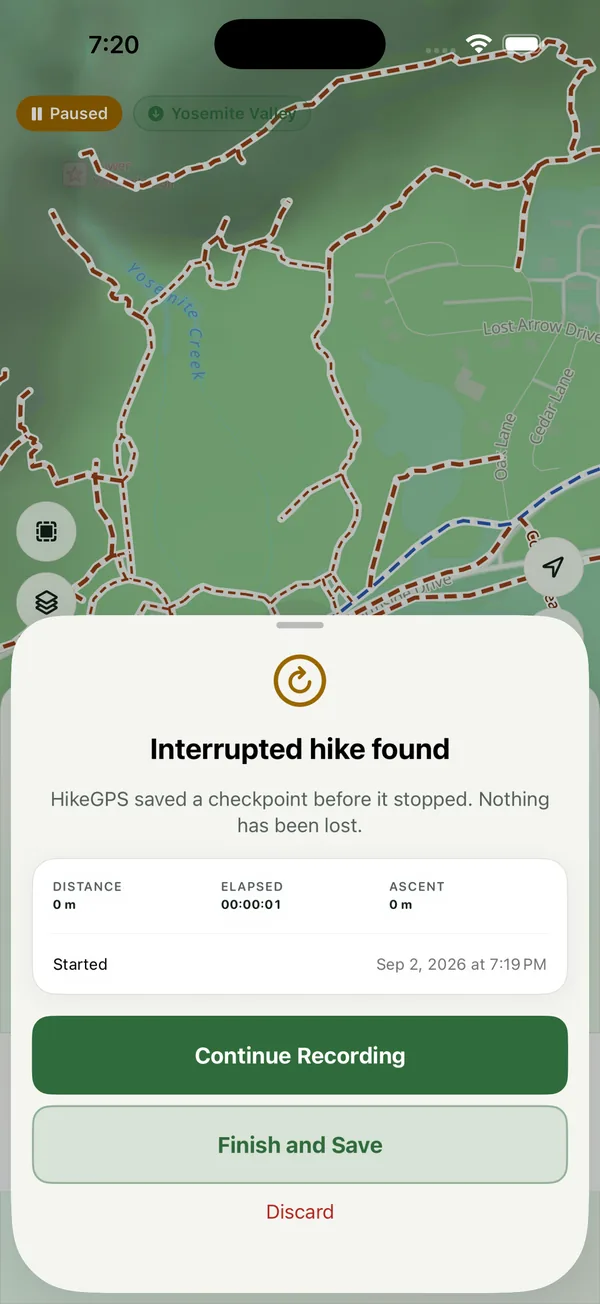 Interrupted hike found: HikeGPS offers to continue recording, finish and save, or discard