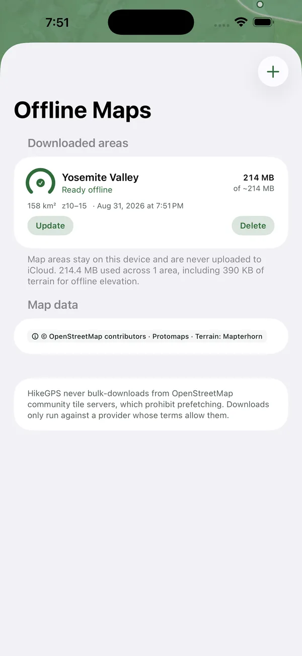 Offline Maps screen listing a downloaded Yosemite Valley area of 214 megabytes, ready offline