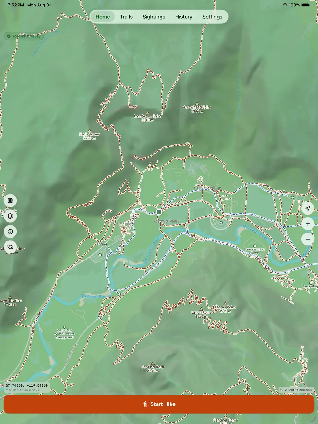 The full-screen trail map on iPad, with the hiking cartography across Yosemite Valley
