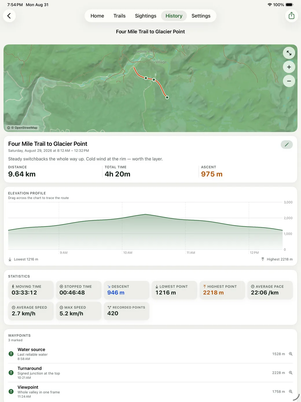 Hike detail on iPad: Four Mile Trail to Glacier Point with the route on the map, the elevation profile and full statistics